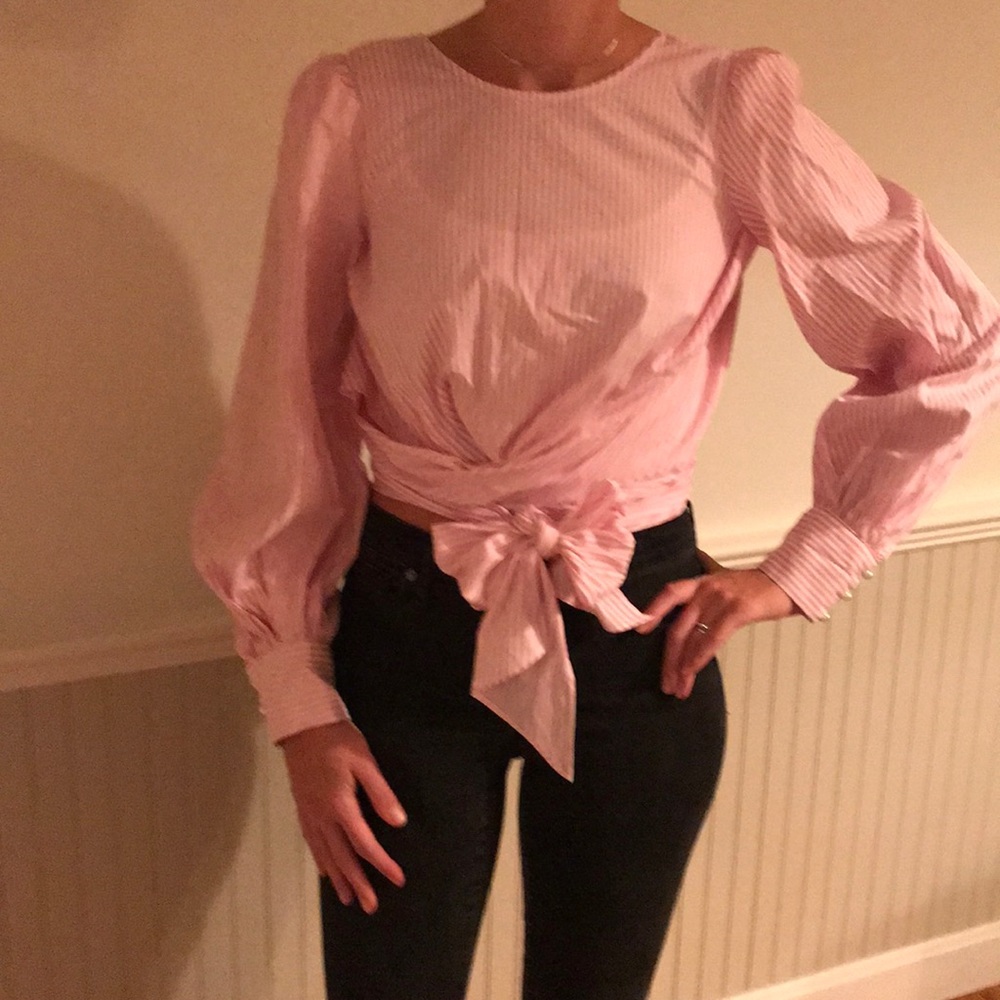 WAYF pink stripe long sleeve open back blouse